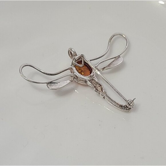 Vintage Sterling Silver Baltic Amber Gemstone Dragonfly Brooch Pendant - Picture 4 of 10